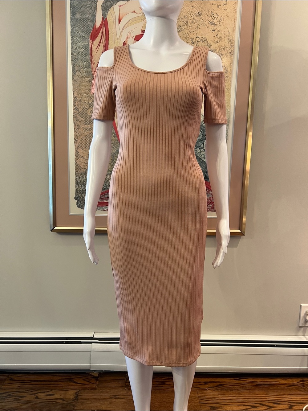 Topshop Blush Ribbed Cold-Shoulder Midi Dress